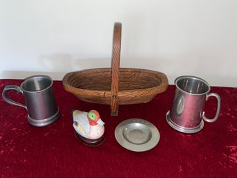 Hand Carved Wood Basket Pewter Steins George Inn Pewter Dish Ceramic Mallard