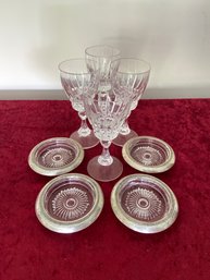 Set Of 4 Crystal Wine Glasses And 4 Sterling Silver Rimmed Glass Coasters