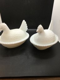 Vintage Milk Glass Chickens On Nest Candy Dishes