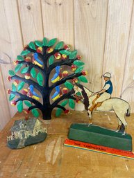 Cast And Wrought Iron Door Stops Cottage Home And Jockey On Horse, And Parrots In Tree Metal Wall Art