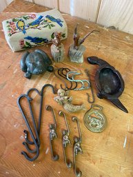 3 Brass Hanging Monkeys 6', Cast Iron Frog, Blue Bird Needlepoint Door Stop, Carved Wood Pelicans And More