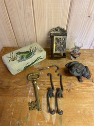 2 Cast Iron Hanging Monkeys 8', Cast Iron Frog, Needlepoint, Matchbox Holder, Brass Skeleton Key, Glass Vase