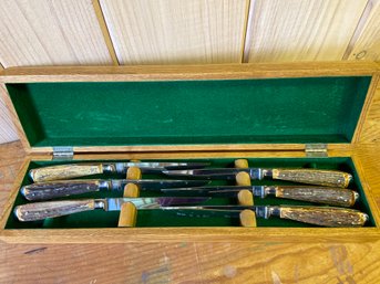 Vintage Abercrombie & Fitch Bone Antler Handle Steak Knives Set Of 6 With Wooden Box