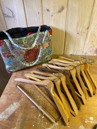 10 Wooden Coat Hangers And Silver Floral Asian Style Tote Bag