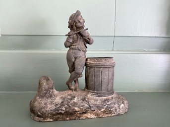 Antique Metal Matchstick Holder Boy Playing Flute Fill The Barrel With Matches