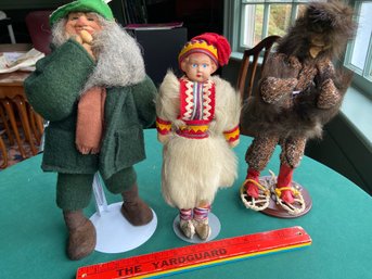 Lot 2 Dolls: Bavarian Hiker, Vintage Lapland Girl Fur Coat, Handmade Man Fur Trim Red Leather Boots