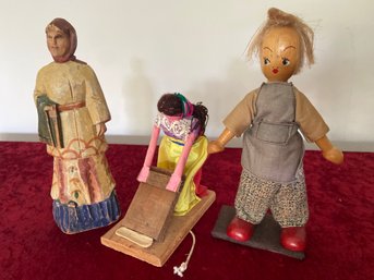 Lot 4 Dolls: Primitive Carved Wooden Figure, Wooden Boy Doll Holland, Girl With Washboard