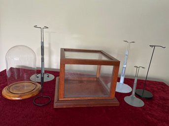 Glass Display Box And Dome Wooded Bases And 5 Metal Doll Stands