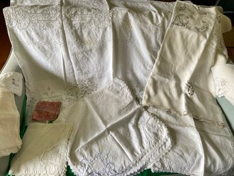 Antique Handmade Tablecloth Linens And 28 Napkins Lace Border, Circa 1800s Bridal Ring Pillow