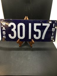 Incredibly Clean 1915 Porcelain Enamel Massachusetts License Plate