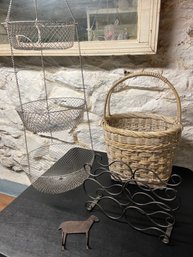 Hanging Wire Baskets, Wine Bottle Rack Holder, Metal Lamb Hook, White Washed Wicker Basket With Handle