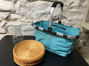 Blue Canvas Basket, 7 Wicker Plate Trays And A Lemonade Carafe Bottle