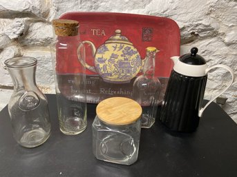 Pimpernel Oriental Teas Plastic Tray, Insulated Black Coffee Carafe, Assorted Glass Jars Bottles