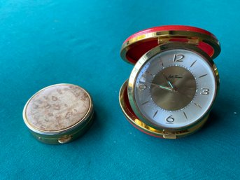 Seth Thomas Vintage Travel Alarm Clock And Birds Eye Maple Pill Box