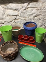 White And Blue Glazed Terra Cotta Pots, Smith & Hawken, Green Metal Pots, Basket And Signed Al Ceramic Dish