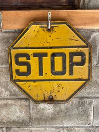 Metal Stop Sign Black And  Yellow Circa 1940s