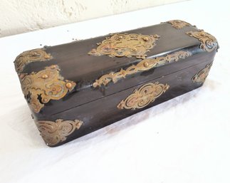 Vintage/antique Wood Box With Brass Accents And Purple Velvet Liner