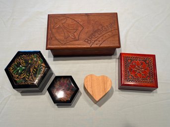 Five Wooden Jewelry Trinket Boxes Various Sizes