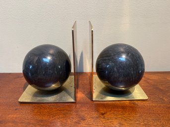 Polished MarPolished Marble And Brass Bookends Postmodern