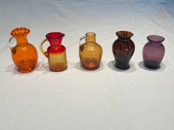 Five Small, Colorful Decorative Glass Vases/pitcher Various Sizes