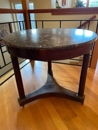 French Antique Empire Walnut Round Marble Top Table Circa 19th Century Lovely And Substantial Presence