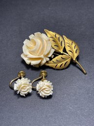 Vintage GoldVintage Gold Filled Carved Bone Roses Brooch And Earrings