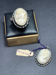 Fine 800 Silver Carved Shell Cameo Pensant And Matching Ring Size 7