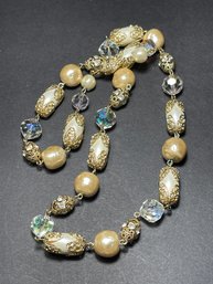 Vintage Gold Tone Faux Pearl Auora Borealis Beaded Necklace