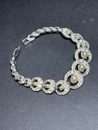 Vintage Rhodium Plated Rhinestone And Faux Pearl Bracelet