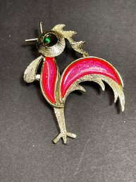 Vintage Gold Tone Rooster Brooch Pink Enamel