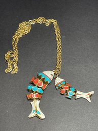 Vintage Gold Tone Costume Necklace Enamel Fish Pendants