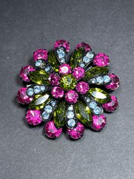 Vintage Round Black Tone Colorful Rhinestone Brooch