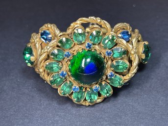 Amazing Vintage Gold Tone Rhinestone Art Glass Cuff Bracelet