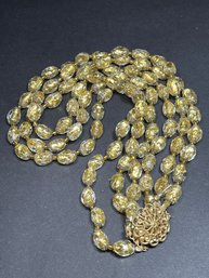 Triple Strand Gold Foilated Art Glass Vintage Beaded Necklace