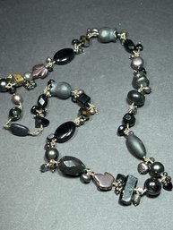 Sterling Silver Nlack Pearl Gemstone And Glass Necklace