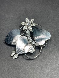 Vintage Sterling Silver Rhinestone Leaf Form Brooch