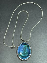 Silver Tone Signed Warner Blue Glass Cameo Pendant On Chain