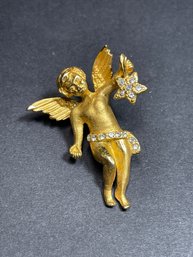 Gold Tone Angel Brooch W Rhinestones Signed