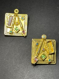 Pair Signed Patricia Locke Clip Earrings Missing Stone