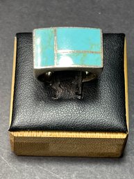 Fine Sterling Silver And Turquoise Inlay Ring Size 7