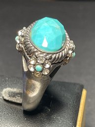 Large Fancy Sterling Silver Ring W Faceted Turquoise Size 8.5