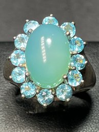 Large Blue Cab Stone W Blue Topaz Sterling Silver Ring Size 8