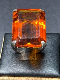 Large Sterling Silver Cocktail Ring Vintage W Amber Colored Stone Size 7.25