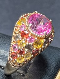 Fancy Gold Over Sterling Silver Pink Gemstone Ring Size 9