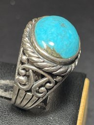 Fancy Setting Sterling Silver Ring Turquoise Stone Size 9.5