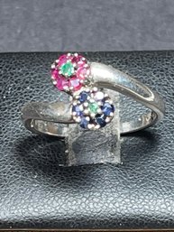 Sterling Silver Ladies Ring Sapphires, Rubies And Emeralds Size 8