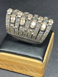 Very Large Sterling Silver Citrine Marcasite Ring Size 7