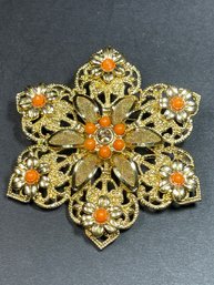 Vintage Gold Tone Large Brooch Faux Coral Floral Form