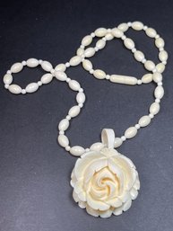 Antique Carved Bone Large Rose Pendant And Beaded Necklace