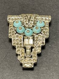 Art Deco Paste Rhinestone Blue Glass Stine Dress Clip